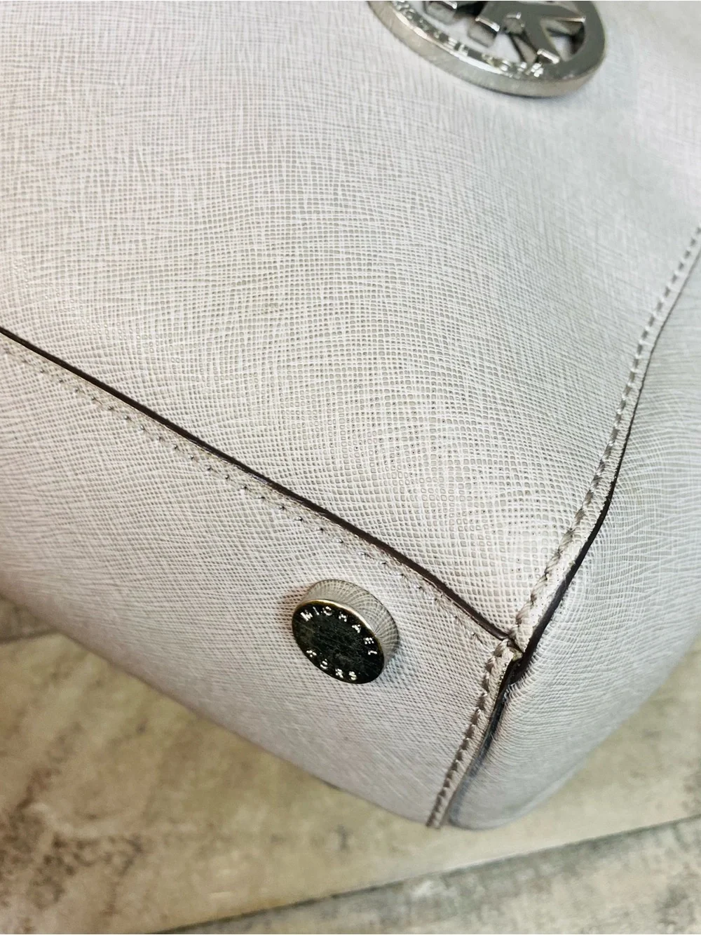 Michael Kors Sutton Medium Saffiano Leather Satchel Bag Gray Silver Hardware